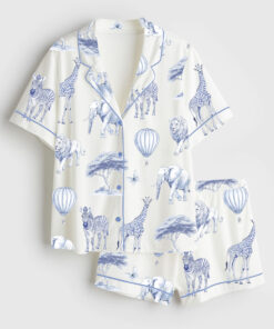 Women's  Chinoiserie Safari Elephant Giraffe And Zebra Print Short Sleeve Satin Pajama Set