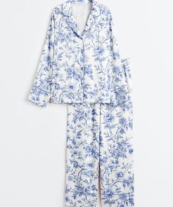 Women's Chinoiserie Toile de Jouy Light Blue & White Floral Print Long Sleeve Satin Pajama Set