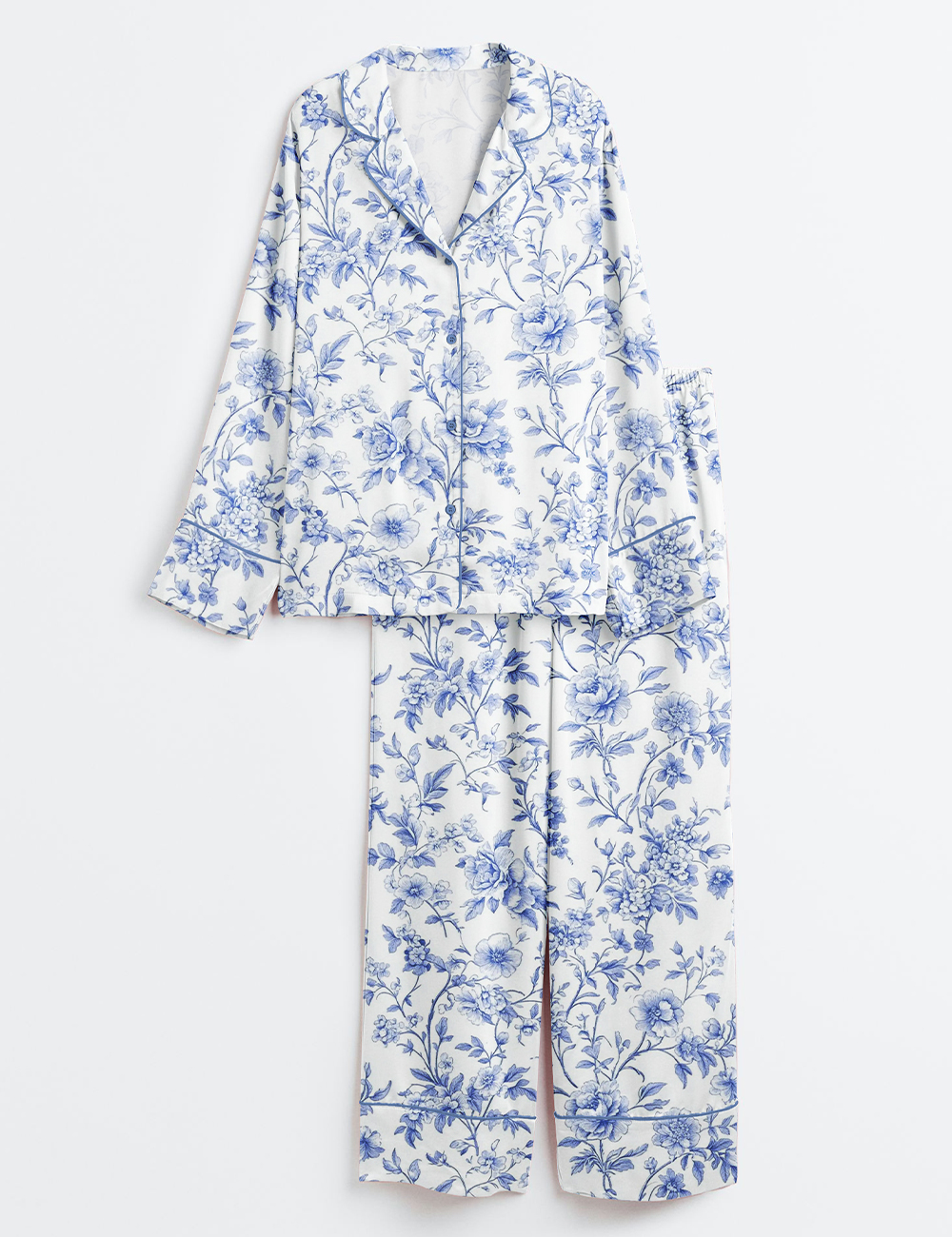 Womenâ€™s Chinoiserie Toile de Jouy Light Blue & White Floral Print Long Sleeve Satin Pajama Set