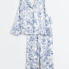 Women's Chinoiserie Toile de Jouy Light Blue & White Floral Print Long Sleeve Satin Pajama Set