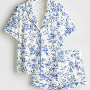 Women's Chinoiserie Toile de Jouy Light Blue & White Floral Print Short Sleeve Satin Pajama Set