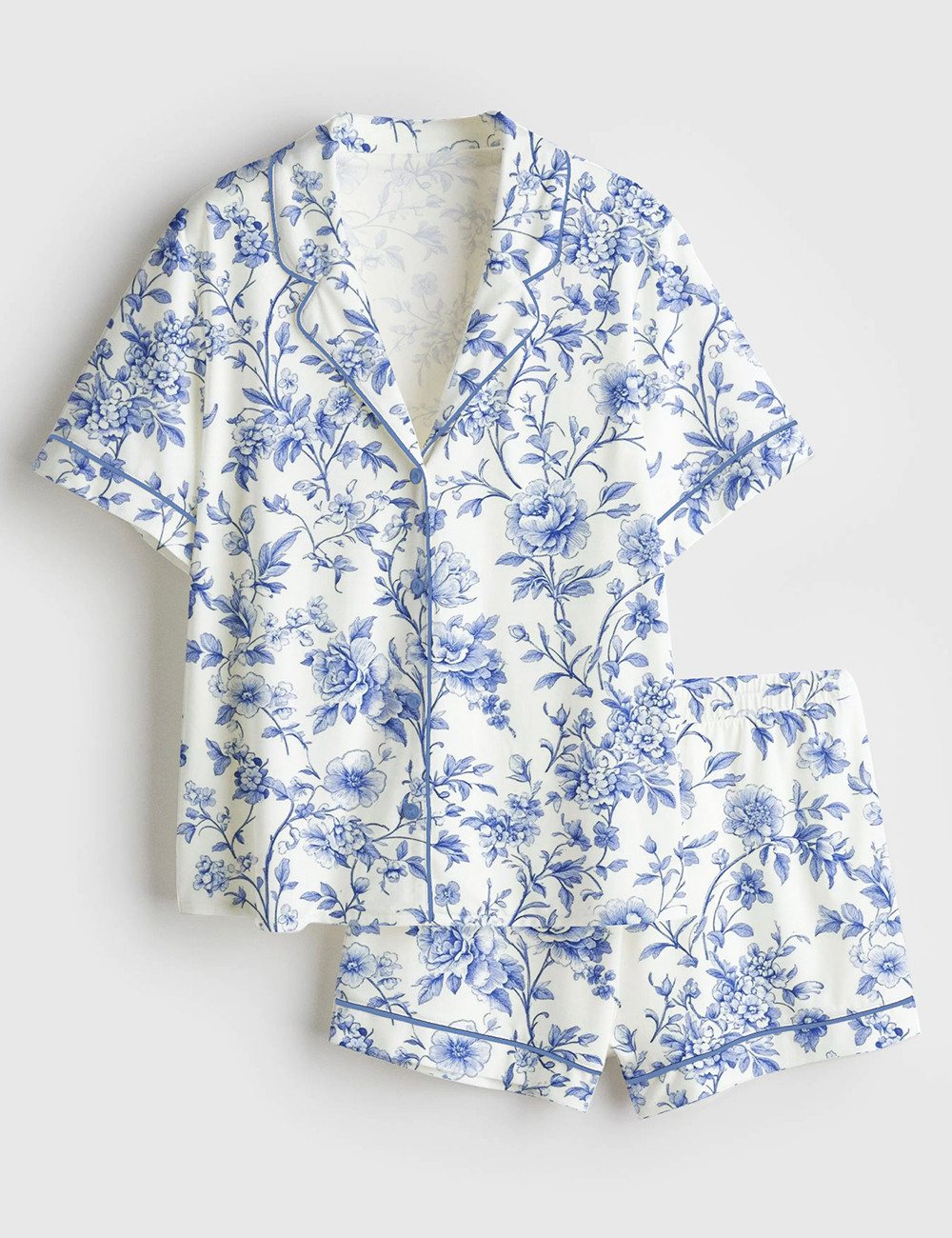 Womenâ€™s Chinoiserie Toile de Jouy Light Blue & White Floral Print Short Sleeve Satin Pajama Set