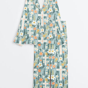 Women's Christian Cross Easter Long Sleeve Satin Pajamas Set