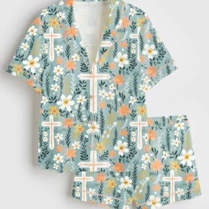 Women's Christian Cross Easter Short Sleeve Satin Pajama Set
