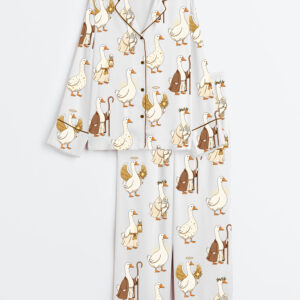 Women's Christian Silly Goose Jesus Loves You Christian Long Sleeve Satin Pajama Set