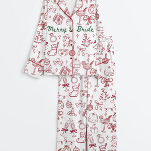 Womenâ€™s Christmas Bachelorette Party Merry And Bride Christmas Wedding Print Long Sleeve Satin Pajama Set