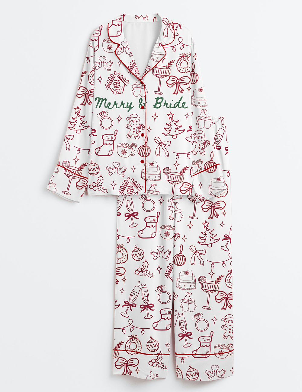 Womenâ€™s Christmas Bachelorette Party Merry And Bride Christmas Wedding Print Long Sleeve Satin Pajama Set
