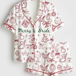 Womenâ€™s Christmas Bachelorette Party Merry And Bride Christmas Wedding Print Short Sleeve Satin Pajama Set