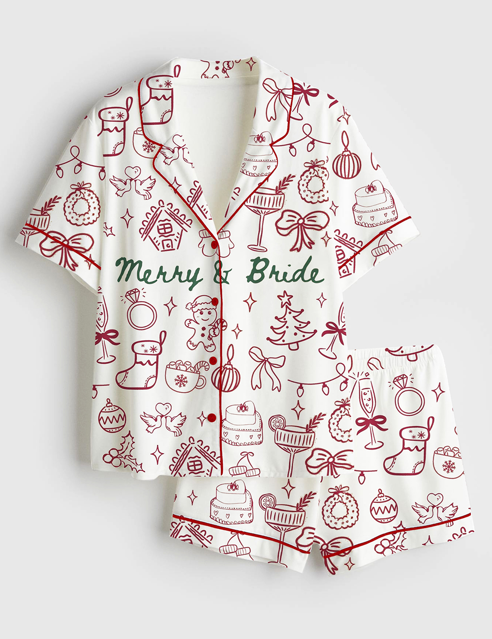 Womenâ€™s Christmas Bachelorette Party Merry And Bride Christmas Wedding Print Short Sleeve Satin Pajama Set
