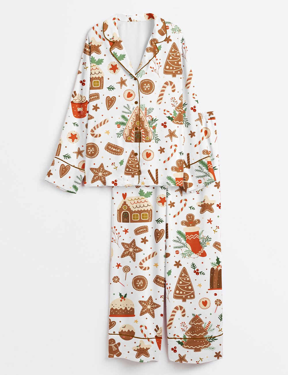 Womenâ€™s Christmas Baking With Gingerbread Houses Tree Cookies Candy Cane Sweet Winter Holidays Long Sleeve Satin Pajama Set