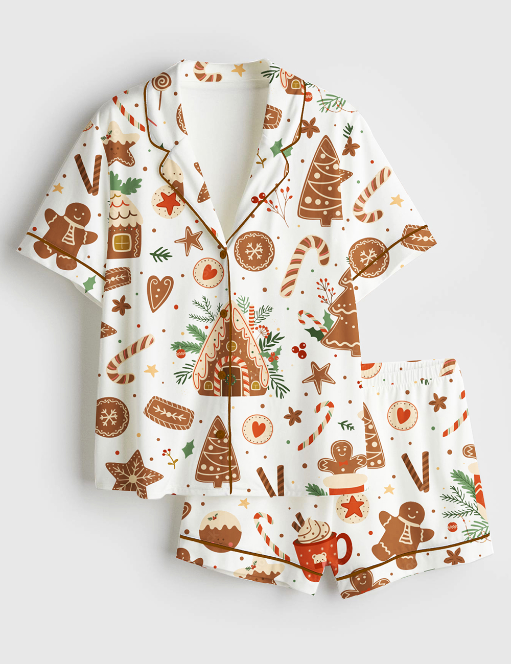 Womenâ€™s Christmas Baking With Gingerbread Houses Tree Cookies Candy Cane Sweet Winter Holidays Short Sleeve Satin Pajama Set