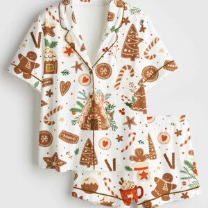 Women's Christmas Baking With Gingerbread Houses Tree Cookies Candy Cane Sweet Winter Holidays Short Sleeve Satin Pajama Set