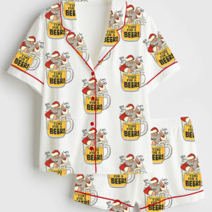 Womenâ€™s Christmas Beer Santa Drinking Short Sleeve Satin Pajama Set