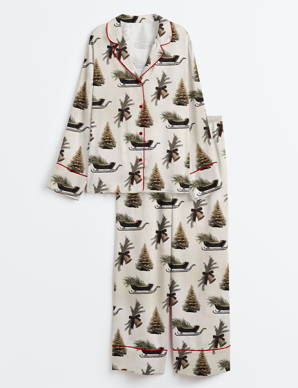 Womenâ€™s Christmas Bell With Pine And Brown Bow Ribbon Holiday Sleigh And Christmas Tree Long Sleeve Satin Pajama Set