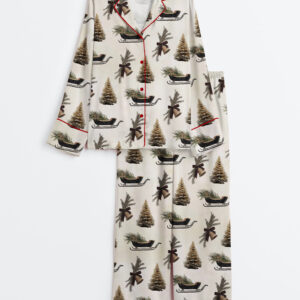 Women's Christmas Bell With Pine And Brown Bow Ribbon Holiday Sleigh And Christmas Tree Long Sleeve Satin Pajama Set