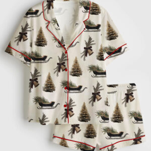 Womenâ€™s Christmas Bell With Pine And Brown Bow Ribbon Holiday Sleigh And Christmas Tree Short Sleeve Satin Pajama Set