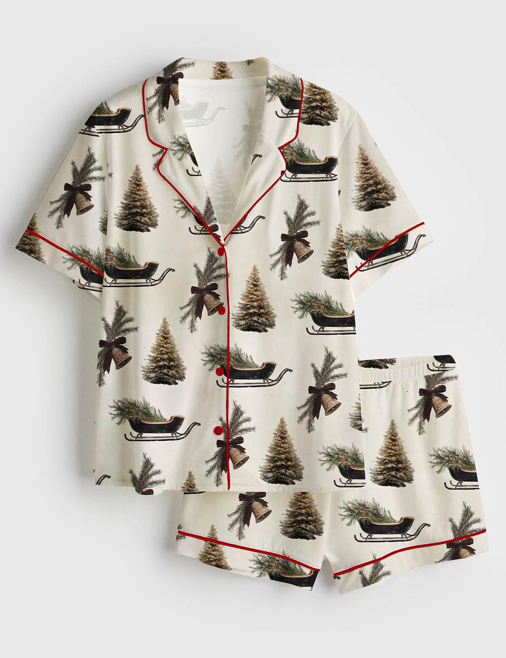 Womenâ€™s Christmas Bell With Pine And Brown Bow Ribbon Holiday Sleigh And Christmas Tree Short Sleeve Satin Pajama Set