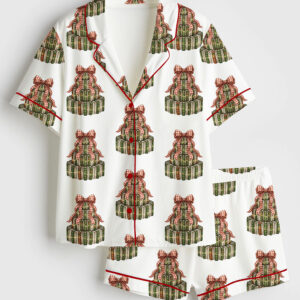 Women's Christmas Book Tree Teachers Short Sleeve Satin Pajama Set