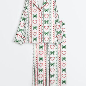 Womenâ€™s Christmas Candy Cane Stripes And Coquette Bows Long Sleeve Satin Pajama Set