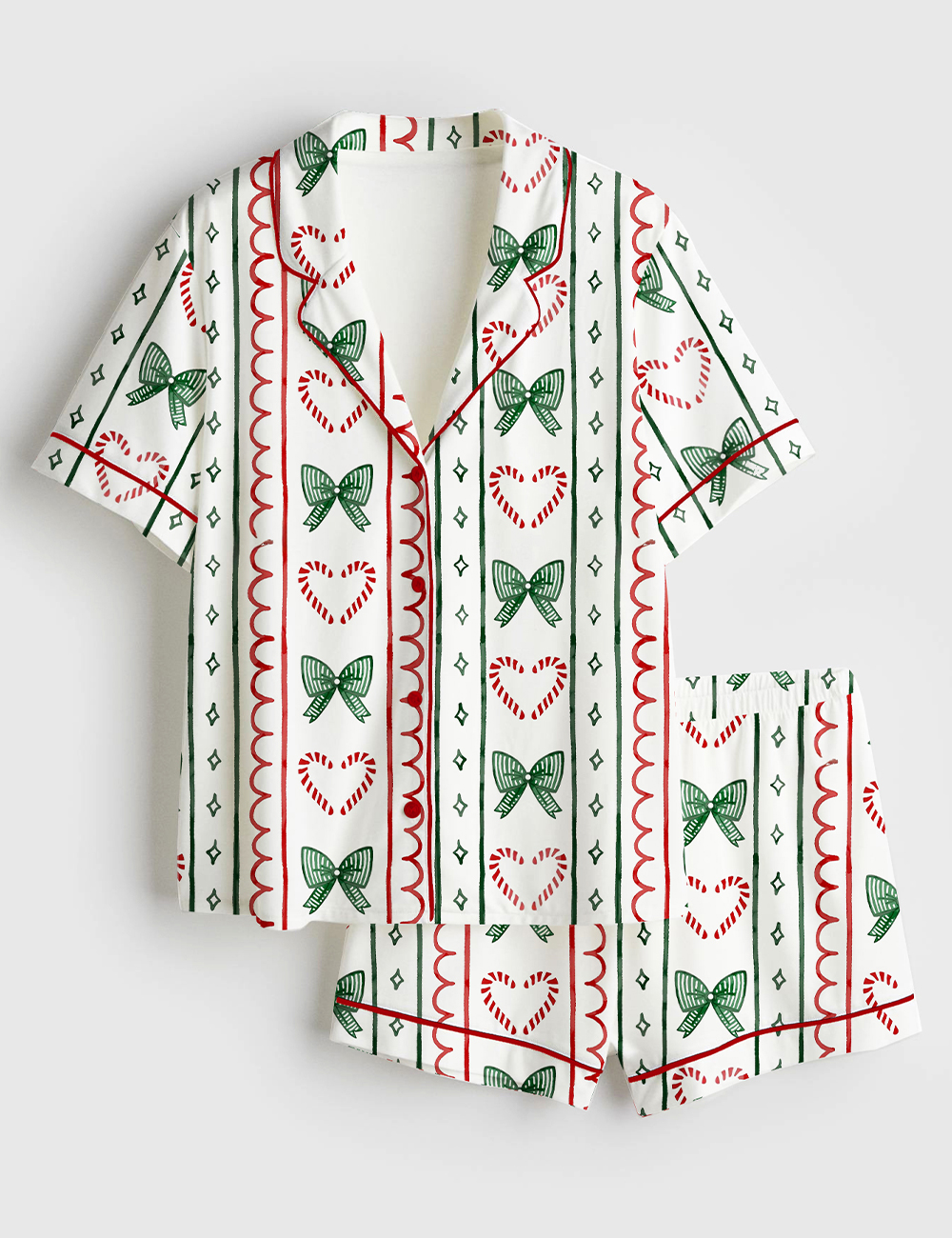 Womenâ€™s Christmas Candy Cane Stripes And Coquette Bows Short Sleeve Satin Pajama Se