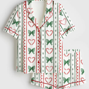 Women's Christmas Candy Cane Stripes And Coquette Bows Short Sleeve Satin Pajama Se