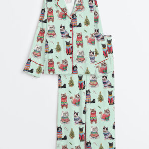Women's Christmas Cats Long Sleeve Satin Pajama Set