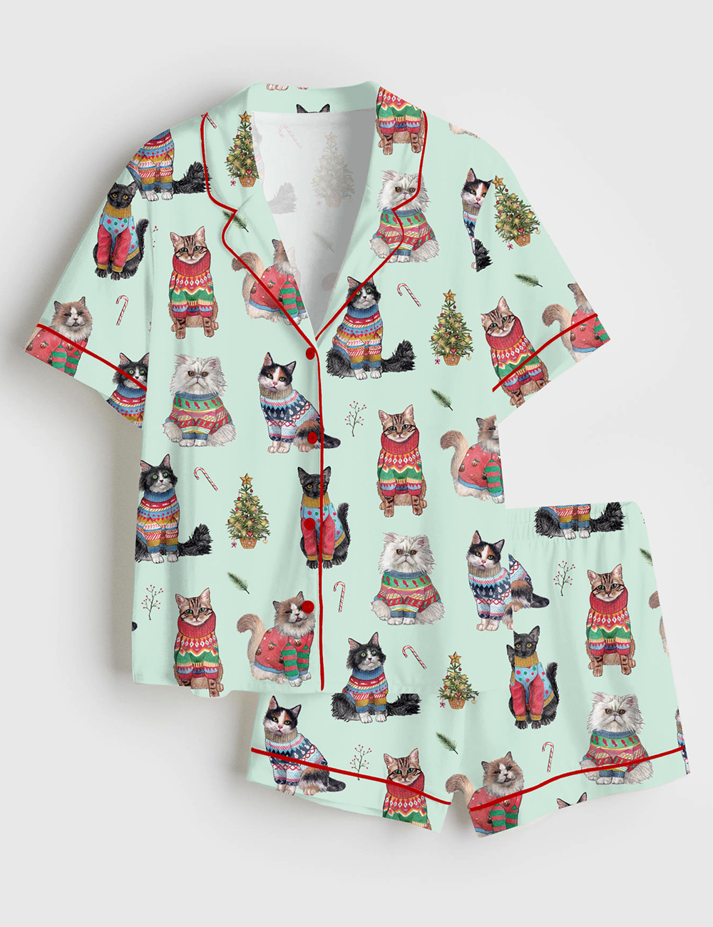 Womenâ€™s Christmas Cats Short Sleeve Satin Pajama Set