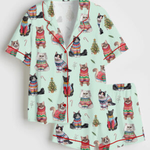 Women's Christmas Cats Short Sleeve Satin Pajama Set