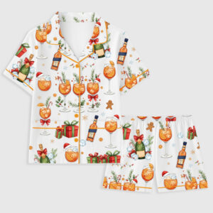 Women's Christmas Champagne Cocktail Martini Holiday Whisky Short Sleeve Pocket Cotton Family Pajama Set