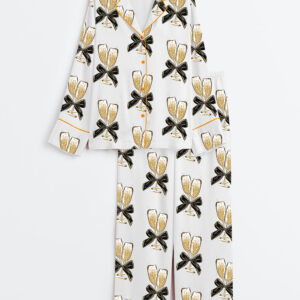 Womenâ€™s Christmas Champagne Glasses Long Sleeve Satin Pajama Set