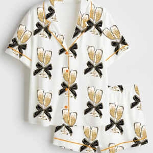 Women's Christmas Champagne Glasses Short Sleeve Satin Pajama Set