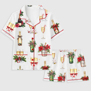 Women's Christmas Champagne New Year Short Sleeve Pocket Cotton Pajama Set