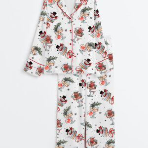 Women's Christmas Cheers Snowman Funny Holiday Cocktail Party Long Sleeve Satin Pajama Set