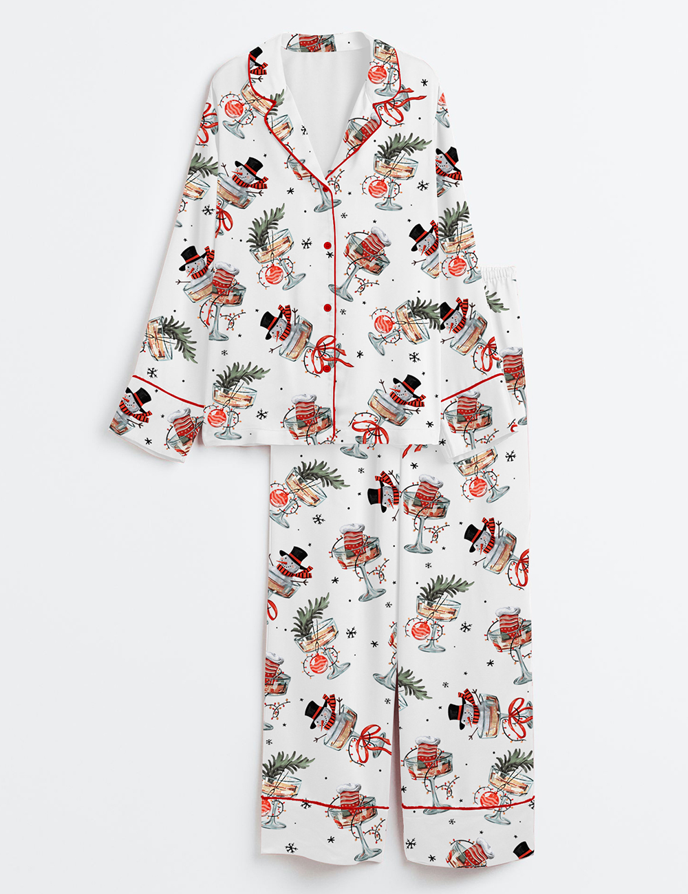 Women's Christmas Cheers Snowman Funny Holiday Cocktail Party Long Sleeve Satin Pajamas Set