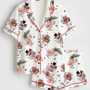Womenâ€™s Christmas Cheers Snowman Funny Holiday Cocktail Party Short Sleeve Satin Pajama Set