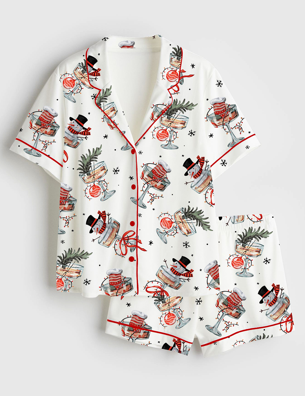 Womenâ€™s Christmas Cheers Snowman Funny Holiday Cocktail Party Short Sleeve Satin Pajama Set