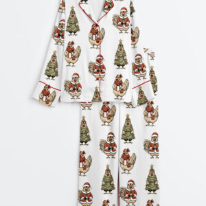 Women's Christmas Chicken Farm Animal Long Sleeve Satin Pajama Set