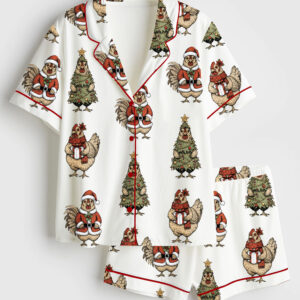 Women's Christmas Chicken Farm Animal Short Sleeve Satin Pajama Set