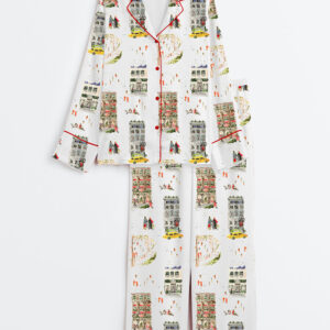 Women's Christmas City Sidewalks Long Sleeve Satin Pajamas Set