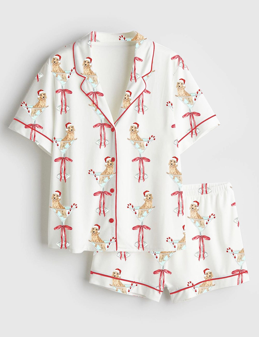 Womenâ€™s Christmas Cocktail Dachshund Wiener Dog Short Sleeve Satin Pajama Set
