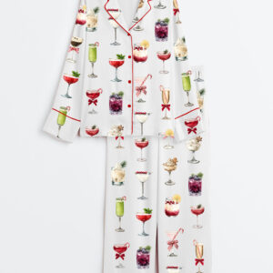 Women's Christmas Cocktail Holiday Drink Long Sleeve Satin Pajamas Set