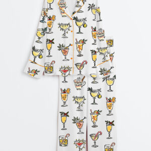 Women's Christmas Cocktail Holiday Drink Long Sleeve Silky Satin Pajama Set