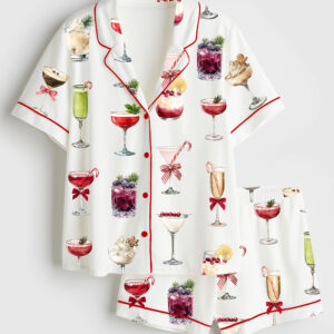 Womenâ€™s Christmas Cocktail Holiday Drink Short Sleeve Satin Pajama Set