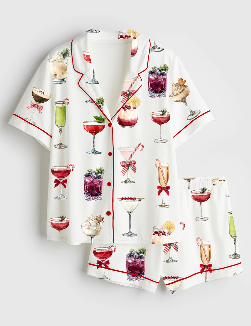 Womenâ€™s Christmas Cocktail Holiday Drink Short Sleeve Satin Pajama Set