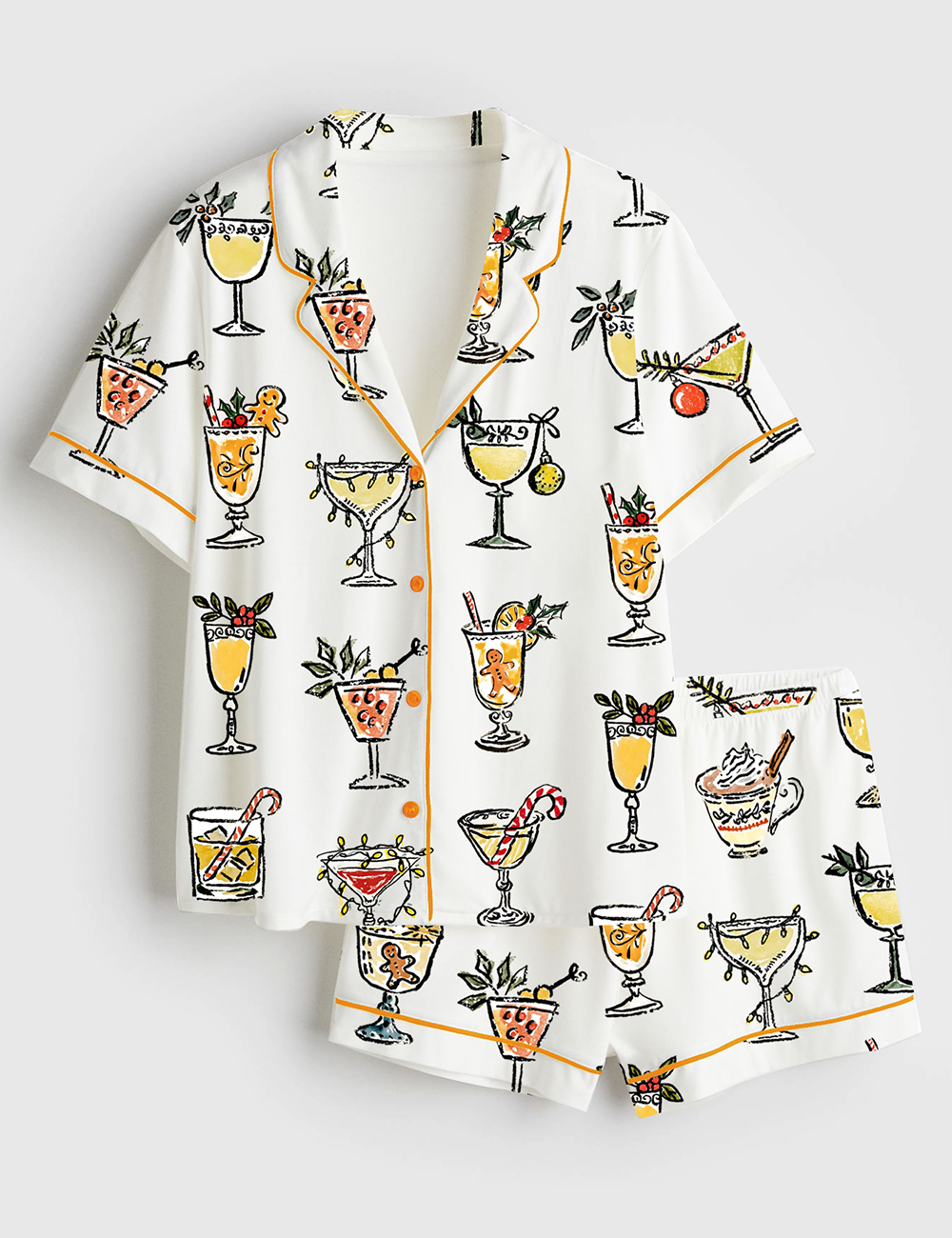 Women's Christmas Cocktail Holiday Drink Short Sleeve Silky Satin Pajama Set