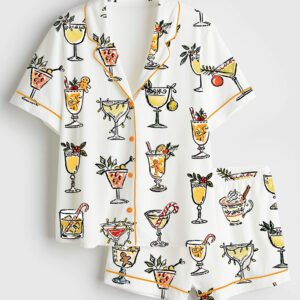 Women's Christmas Cocktail Holiday Drink Short Sleeve Silky Satin Pajamas Set