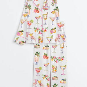 Women's Christmas Cocktails Whimsical Watercolor Festive Holiday Drinks Long Sleeve Satin Pajama Set