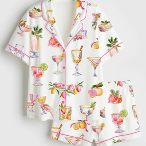 Womenâ€™s Christmas Cocktails Whimsical Watercolor Festive Holiday Drinks Short Sleeve Satin Pajama Set