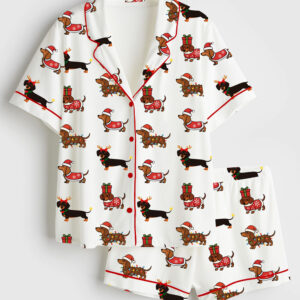 Women's Christmas Dachshund Dog Lover Short Sleeve Satin Pajama Set
