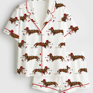 Womenâ€™s Christmas Dachshund Short Sleeve Satin Pajama Set